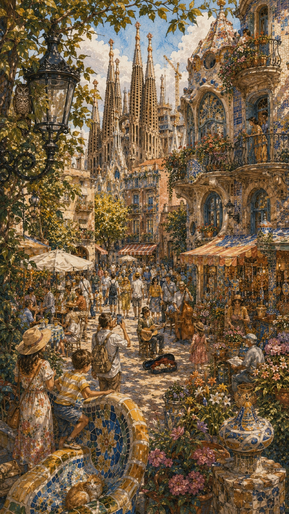 The mosaic street, a Barcelona street of Gaudi mosaics and wrought iron with the Sagrada Familia rising behind it, with one animal hidden inside