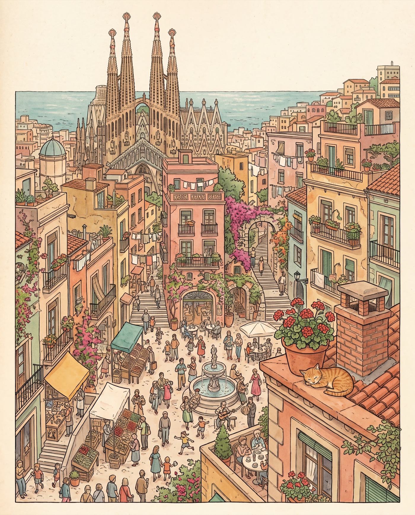 A hand-painted Barcelona hillside quarter with the Sagrada Familia behind ochre houses, with one animal hidden inside